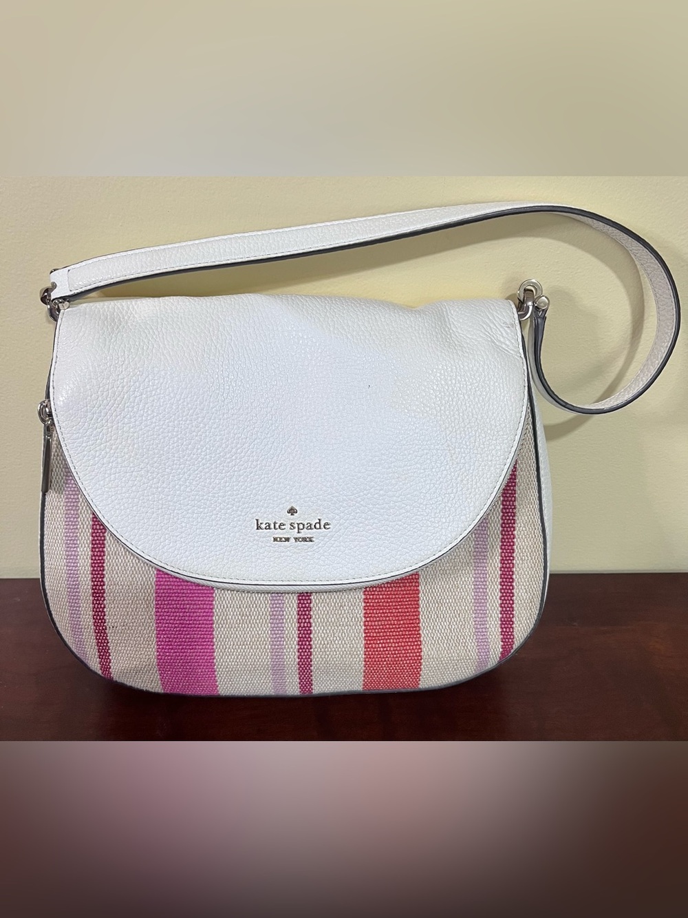 kate spade White Leather Crossbody with Pink & Coral Stripe Canvas